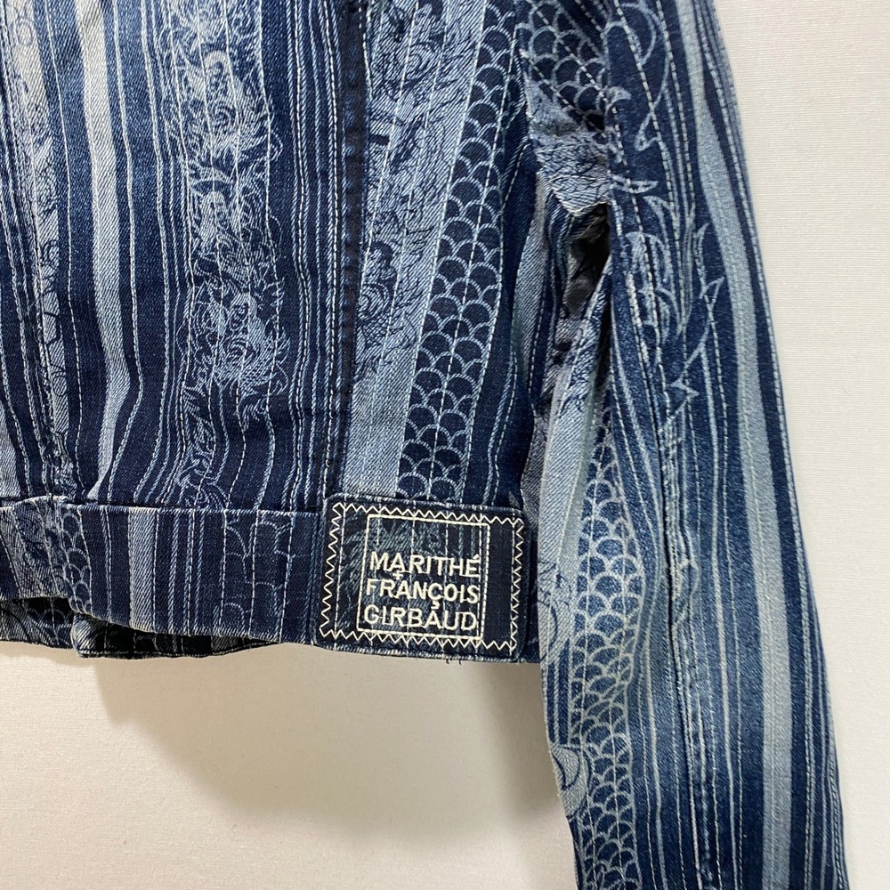 MARITHE FRANCOIS Womens Denim Jacket Blue Striped Dragon Print Cropped Size XL - Picture 8 of 9